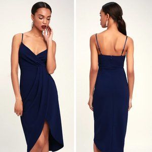 Lulu's Special Guest Navy Blue Surplice Midi Dress Wedding Event Party